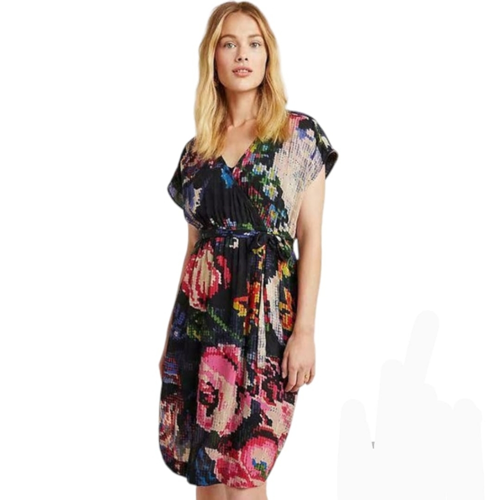 Floral V-Neck Midi Dress - Black Multicolor Belt Not Included